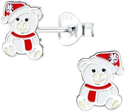 Joy|S - Zilveren kerst beer oorbellen - 6 x 8 mm - wit rood zilver