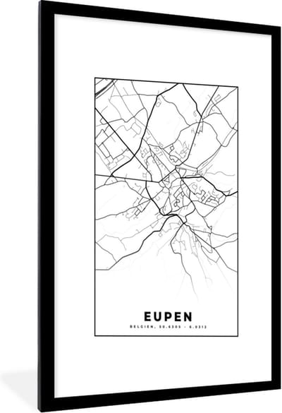 Fotolijst incl. Poster Zwart Wit- België – Eupen – Stadskaart – Kaart – Zwart Wit – Plattegrond - 60x90 cm - Posterlijst