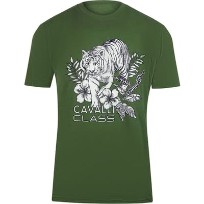 Cavalli Class Tiger Floral Logo Militair Groen T-shirt