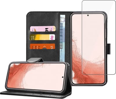 Geschikt voor Samsung S22 Plus Book Case Hoesje - Screenprotector - Flip Portemonnee Zwart met Screen Cover Tempered Glas