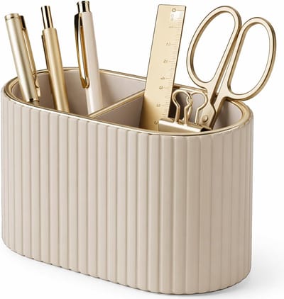 SnelShoppen - KINGFOM Pennenorganizer Beige - Ovale Pennenhouder met 2 Vakken van PU-Leer - Bureauorganizer voor Kantoor en Thuisgebruik - Stijlvolle