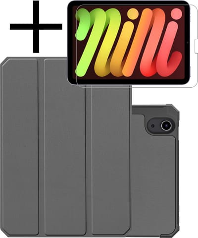 Hoes - Geschikt voor Apple iPad Mini 6 (2021) - 8.3 inch - 6e Generatie - Met Screenprotector - Trifold Bookcase - Hard Cover Case - Met Uitsparing Geschikt voor Apple Pencil - Hardcover Book - Tablet Hoesje - Grijs