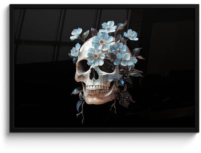 Poster in lijst - Fotolijst 90x60 cm - Posters - Schedel - Blauw - Bloemen - Bladeren - Posterlijst zwart - Decoratie - Wanddecoratie woonkamer - Muurdecoratie slaapkamer
