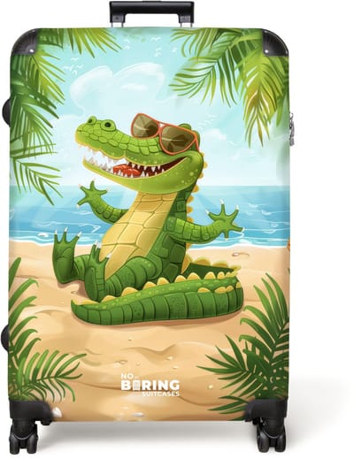 NoBoringSuitcases.com® - Koffer groot - Reiskoffer lichtgewicht - Krokodil met zonnebril ontspant op het strand - Rolkoffer met 4 wielen - Grote trolley XL - 98 liter bagage