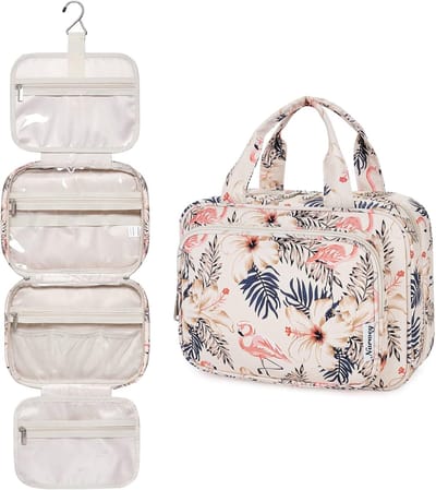 Famanu - Hangende Reis Toilettas voor Vrouwen Cosmetica Make-up Tas Organizer Accessoires (Beige Flamingo (Medium))