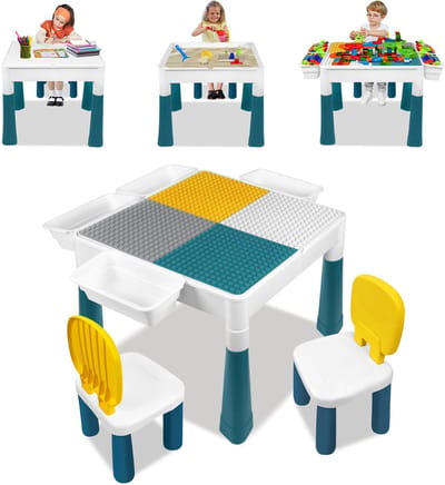 Froadp 6-in-1 kindertafel- en stoelset met 2 stoelen en 163 bouwstenen Multifunctionele leer- en speeltafel Activiteitentafelset Kindertafel Knutseltafel met opbergruimte voor jongens en meisjes Cadeau