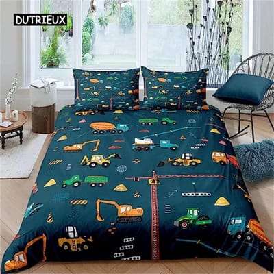 Dekbedovertrek Cartoon Graafmachine Tractor King Dekbedovertrek Cartoon Bouwtruck Beddengoedsets Voertuig voor Kinderkamer Decoratie AU King(245x210cm)