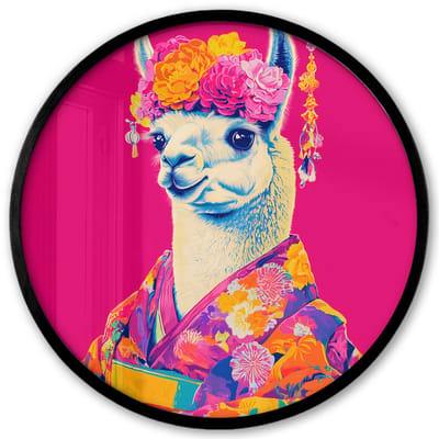 Poster in lijst Rond - Fotolijst 40x40 cm - Posters - Lama - Kimono - Bloemenkrans - Felroze - Ronde posterlijst zwart - Decoratie - Wanddecoratie woonkamer - Muurdecoratie slaapkamer