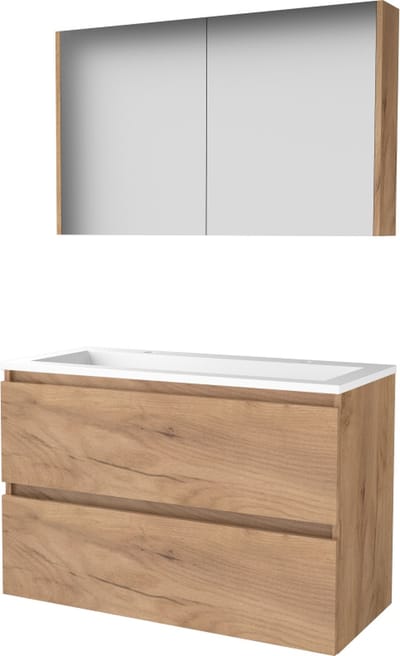 Basic Comfort 46 badmeubelset met spiegelkast, greeploze wastafelonderkast met 2 lades en acryl wastafel met 2 kraangaten 100 x 46 cm, whisky oak