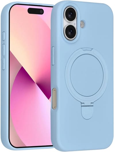 Backcover Hoesje Geschikt voor: iPhone 16 Volledig Dekkende Schokbestendige Siliconen Backcover met Ringstandaard – 360° Bescherming - Baby Blue