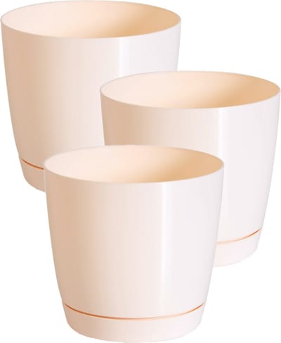Prosperplast Plantenpot/bloempot met opvangschaal - Set van 3x stuks - kunststof - beige - D14 x H13 cm - binnen/buiten