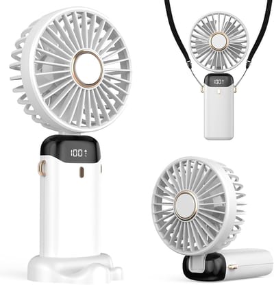 Draagbare handventilator, 5-standen USB-oplaadbare ventilator, op batterijen werkende miniventilator, opvouwbare bureauventilator met LED-display voor thuiskantoor (wit)