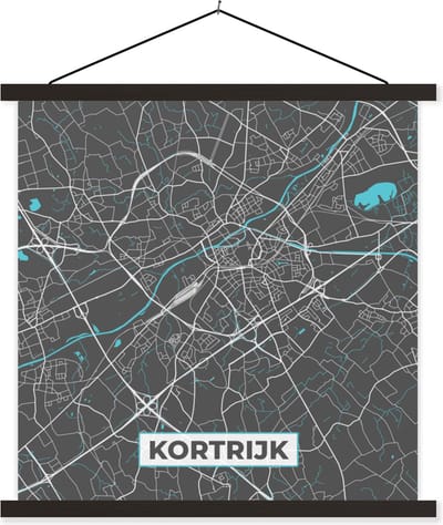 Posterhanger incl. Poster 60x60 cm - Schoolplaat - België – Kortrijk – Stadskaart – Kaart – Blauw – Plattegrond - Textielposter - Zwarte latten - Stadskaart