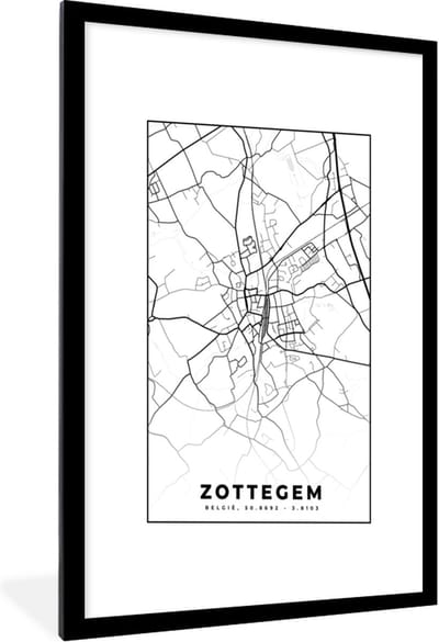 Fotolijst incl. Poster Zwart Wit- Zwart Wit – België – Plattegrond – Stadskaart – Kaart – Zottegem - 60x90 cm - Posterlijst