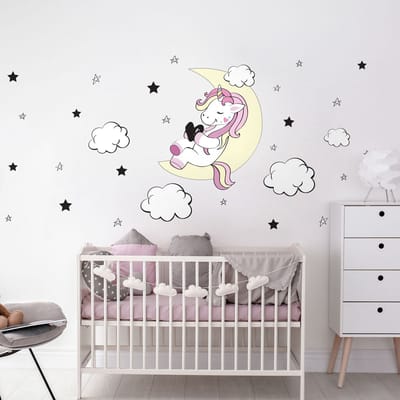 Muurstickers - Eenhoornvriend van de Maan en de Sterren - Zelfklevende stickers - 150x100cm