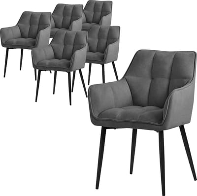 Set van 6 eetkamerstoelen in donkergrijze badstof met dik gestoffeerde zitting ML design