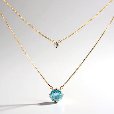 Cavill - Elegante 9k Geelgouden Halsketting - Ratanakiri & Zirkoon 1,79 ct - Blauwe Edelsteen - Dubbele Layered Ketting