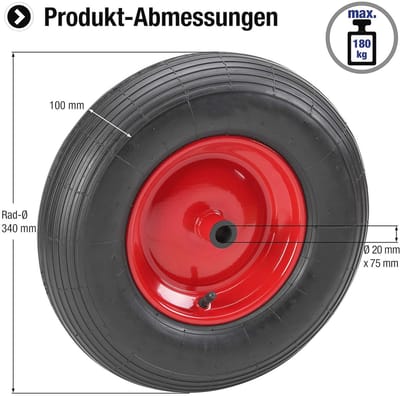 Pneumatische Band 340 mm - Stalen Velg - 180 kg Draagvermogen - Glijlager - Complete Kruiwagenwiel