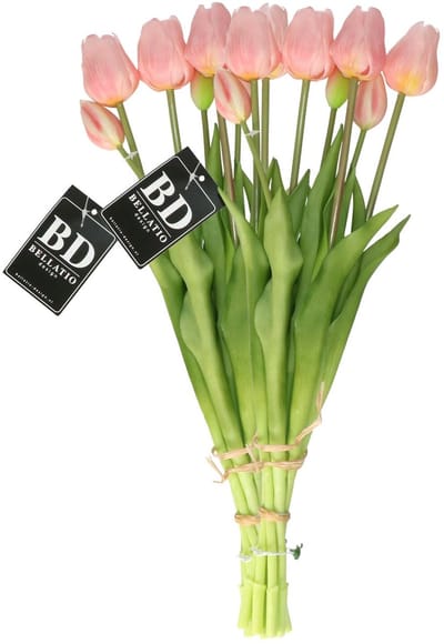 Bellatio Design Kunst tulpen boeket Sally - 14x stuks - lichtroze - real touch - 47 cm