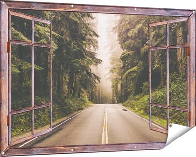 Gards Tuinposter Doorkijk Highway in Californië Omring met Bos - 150x100 cm - Tuindoek - Tuindecoratie - Wanddecoratie buiten - Tuinschilderij