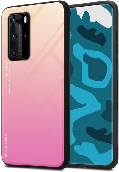 Cadorabo Hoesje geschikt voor Huawei P40 PRO / P40 PRO+ in GEEL - ROZE - Tweekleurige beschermhoes van TPU-silicone Case Cover en achterzijde van gehard glas