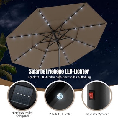 Stokparasol met LED verlichting op zonne-energie – Bellavero 300 cm Ronde Tuinparasol Donkerbruin, 32 LED-lampjes, 3-Laags Ventilatie, 35° Kantelbaar, Windbestendig, Met Zwengel voor Balkon, Terras...