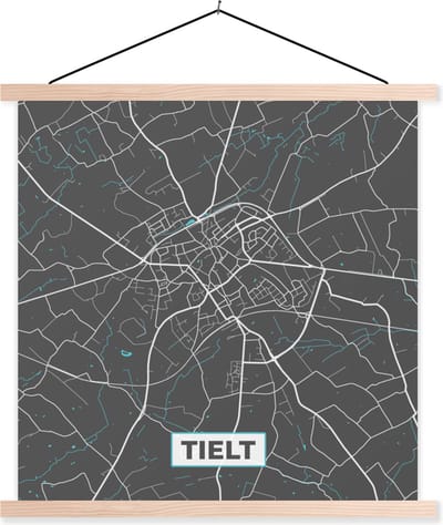 Posterhanger incl. Poster 40x40 cm - Schoolplaat - Stadskaart – Grijs - Kaart – Tielt – België – Plattegrond - Textielposter - Blanke latten - Stadskaart