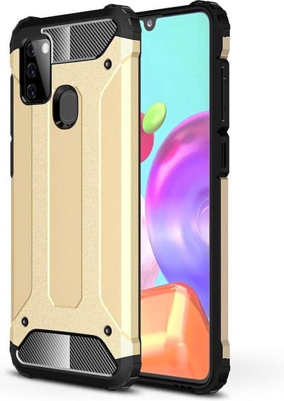Schokbestendig Heavy Duty Hoesje Geschikt voor: Samsung Galaxy A21S Shock Proof Hybride - Back Cover - Dual Layer Armor Case - Extra Stevig - Goud