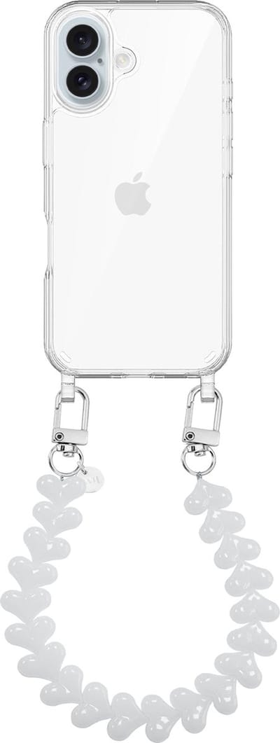 xoxo Wildhearts siliconen hoesje geschikt voor iPhone 16 Plus hoesje - Funky Hearts - Telefoonhoesje - Hoesje met koord - Wit koord - kort telefoonkoord - Hartjes ketting - Transparant hoesje