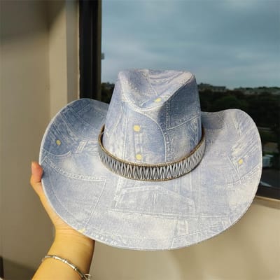 Denim Patchwork Cowboyhoed Mannen Vrouwen canvas hoed uniseks cowboyhoed retro feest podium sombrero vaquero dandy hoeden gorras 56-58 gray