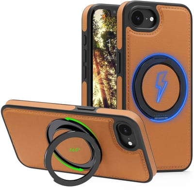 Perfeqt hoesje geschikt voor iPhone 17e & 16e leren BackCover met 360° Kickstand & Keyring houder - Rich Brown
