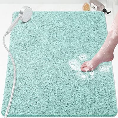 Douchemat Badmat Antislip, 81 x 61 cm, zachte badmat met afvoer, PVC Loofah badmat (ftalaatvrij) voor bad en badkamer, sneldrogend, groen