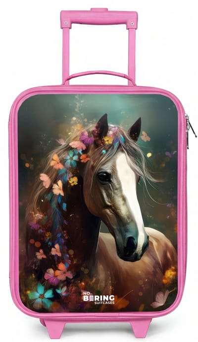 NoBoringSuitcases.com® - Kinderkoffer roze - Kindertrolley meisje - Lichtbruin paard tussen de bloemen - Koffer kind lichtgewicht - Reiskoffer trolley voor kinderen - Koffertje met lichtgevende wieltjes - Rolkoffer