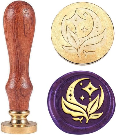 Waxstempel Set Maan met Olijfblad - 25mm Verwisselbare Zegelstempel met Houten Handvat