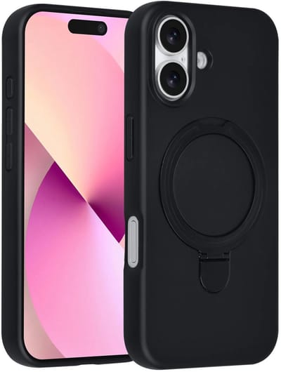 Backcover Hoesje Geschikt voor: iPhone 16 Volledig Dekkende Schokbestendige Siliconen Backcover met Ringstandaard – 360° Bescherming - Zwart