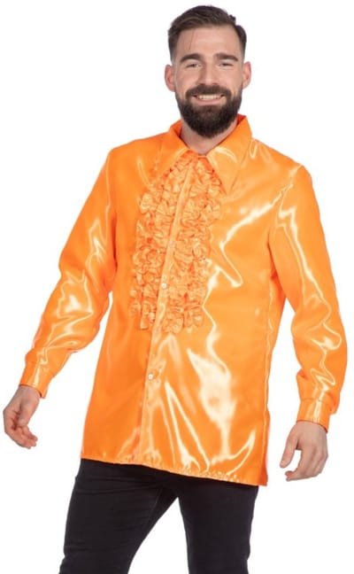 Jaren 80 & 90 Kostuum | Oranje Ruchesblouse Satijn Foute Disco | Maat 48 | Carnaval kostuum | Verkleedkleding