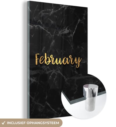 MuchoWow® Glasschilderij 40x60 cm - Schilderij acrylglas - Kalender - Februari - Goud - Marmer - Foto op glas - Schilderijen