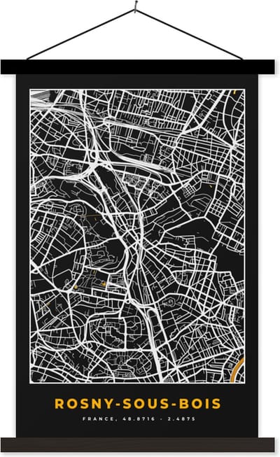 Posterhanger incl. Poster 40x60 cm - Schoolplaat - Kaart - Stadskaart - Plattegrond - Rosny-sous-Bois - Frankrijk - Textielposter - Zwarte latten - Stadskaart