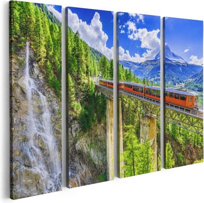 Artaza Canvas Schilderij Vierluik Trein op een Brug bij een Waterval in Zwitserland - 80x60 - Foto Op Canvas - Canvas Print