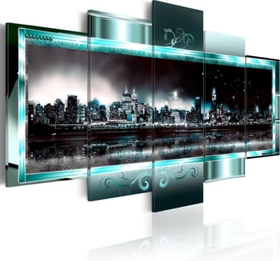 Schilderij - Turquoise New York: Sterren Nacht , 5 luik
