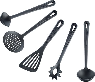 Keukenhulpset 5-delig: Panspatel, schuimlepel, sauslepel, soeplepel, spaghettilepel, hittebestendig tot 270 °C, kunststof, Gentle Plus, zwart,