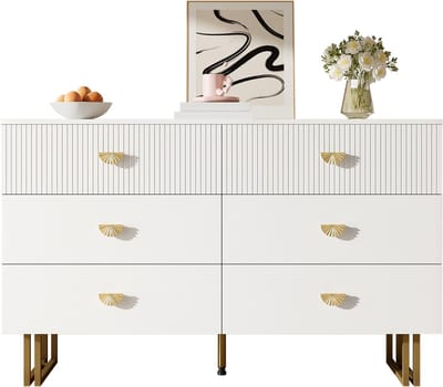 Modern Sideboard-Met 6 Lades-Met Gouden Accenten-Elegante MDF en Stalen Constructie-Voor Slaapkamer, Woonkamer en Hal-Wit en Goud