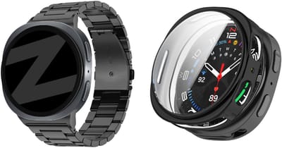 Bandz Bundel – RVS Schakelband ‘Classic’ Zwart (inclusief Inkortset) + Strap-it Soft Case Zwart geschikt voor Samsung Galaxy Watch 8 (44mm)