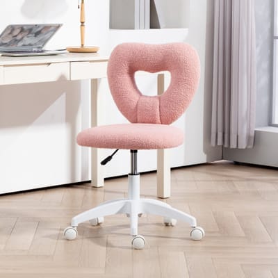 Bureaustoel Bureaustoel Draaibare home office stoel met hartvormige rugleuning, zonder armleuning In hoogte verstelbare teddy fleece kaptafelstoel voor studie, roze