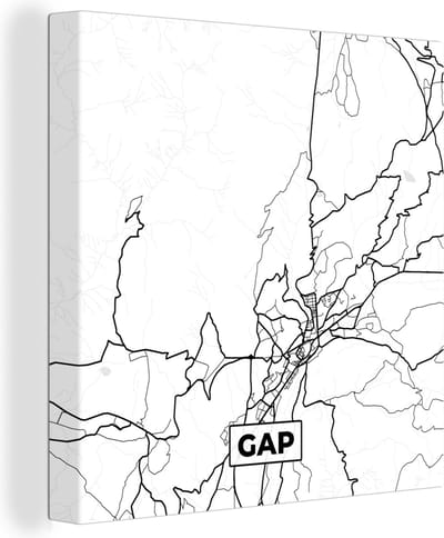 Canvas Schilderij Frankrijk – Kaart – Gap - Plattegrond – Stadskaart - Zwart wit - 20x20 cm - Wanddecoratie