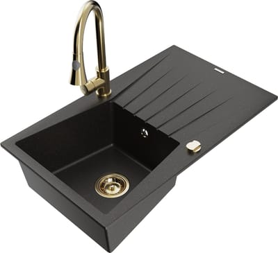 Mexen Cesar granieten spoelbak 1-kompartment met afdruiprek en keukenmengkraan Elia, zwart/goud metallic - 6514-75-670101-50