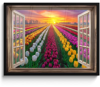 Poster in lijst - Fotolijst 70x50 cm - Posters - Doorkijk - Bloemen - Tulpen - Kleurrijk - Zonsondergang - Posterlijst zwart - Decoratie - Wanddecoratie woonkamer - Muurdecoratie slaapkamer