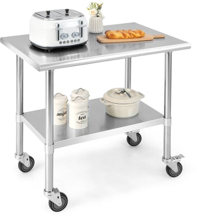 COSTWAY Roestvrijstalen werktafel keuken, roestvrijstalen tafel met in hoogte verstelbare plank en 4 universele wielen, 250 kg draagkracht, 91,5 x 61 x 88,5 cm, keukentafel, demontagetafel, bar