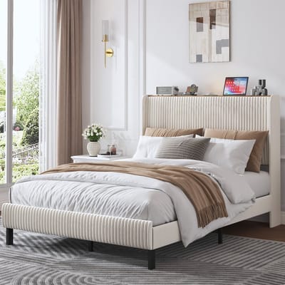 DESMIU Gestoffeerd Bed 140x200 cm – Platformbed Met Geribbeld Hoofdbord – Geluidsarme Metalen Lattenbodem – Zonder Matras – Cordstof – Beige Crème