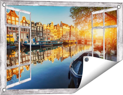 Gards Tuinposter Doorkijk Amsterdamse Gracht bij Zonsondergang - 60x40 cm - Tuindoek - Tuindecoratie - Wanddecoratie buiten - Tuinschilderij